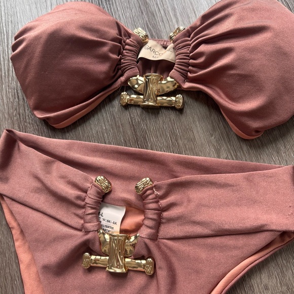 Vintage 90s Italian Garconne Bikini Brown Gold Metal Hardware High Cut Bandeau - Picture 2 of 7